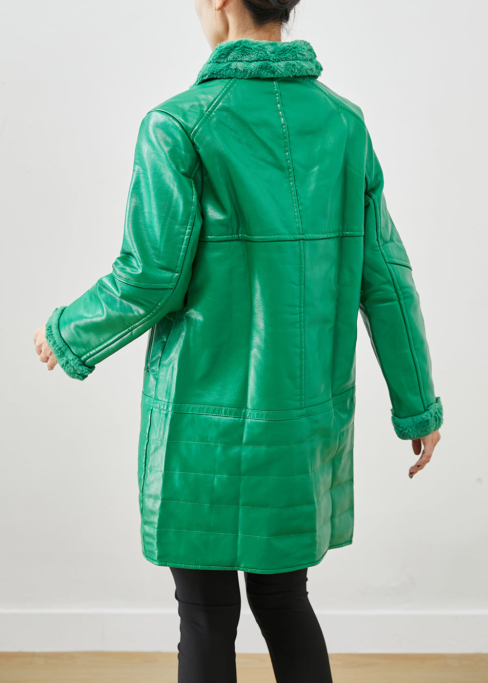 Natural Green Zip Up Patchwork Duck Down Faux Leather Coats Winter Ada Fashion