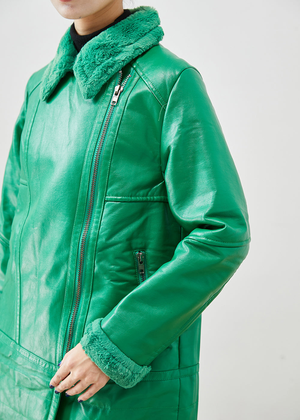 Natural Green Zip Up Patchwork Duck Down Faux Leather Coats Winter Ada Fashion