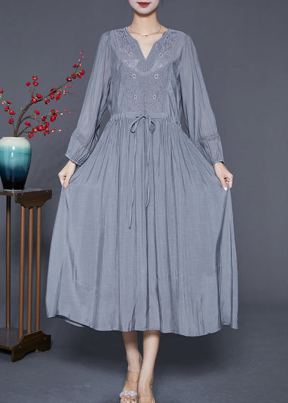 Natural Grey Embroideried Cinched Patchwork Cotton Dresses Summer Ada Fashion