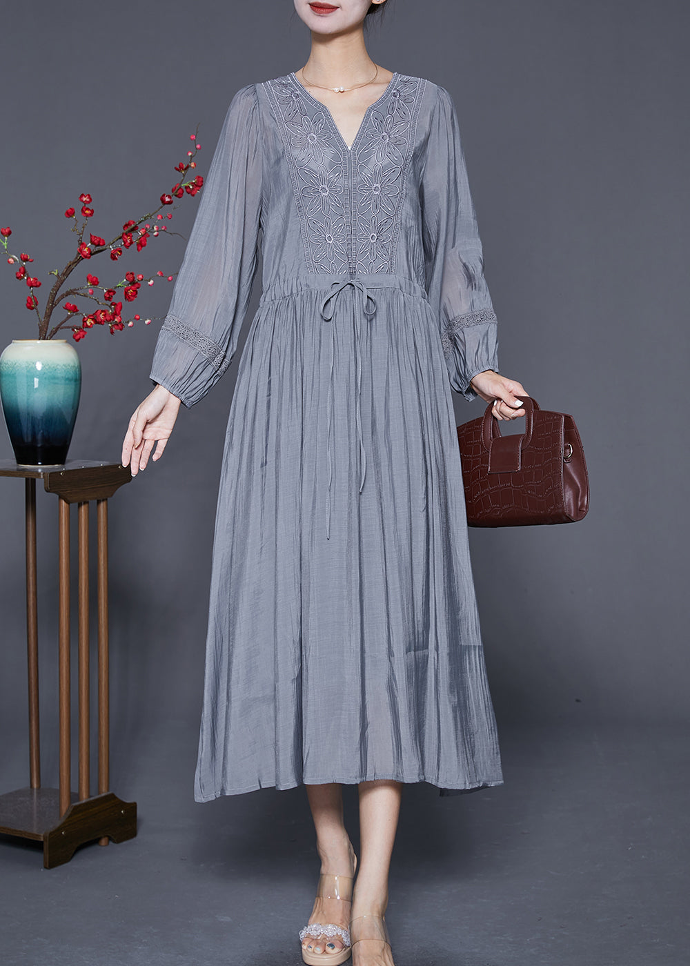 Natural Grey Embroideried Cinched Patchwork Cotton Dresses Summer Ada Fashion