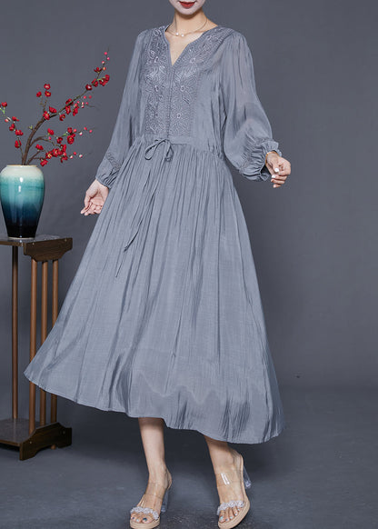 Natural Grey Embroideried Cinched Patchwork Cotton Dresses Summer Ada Fashion