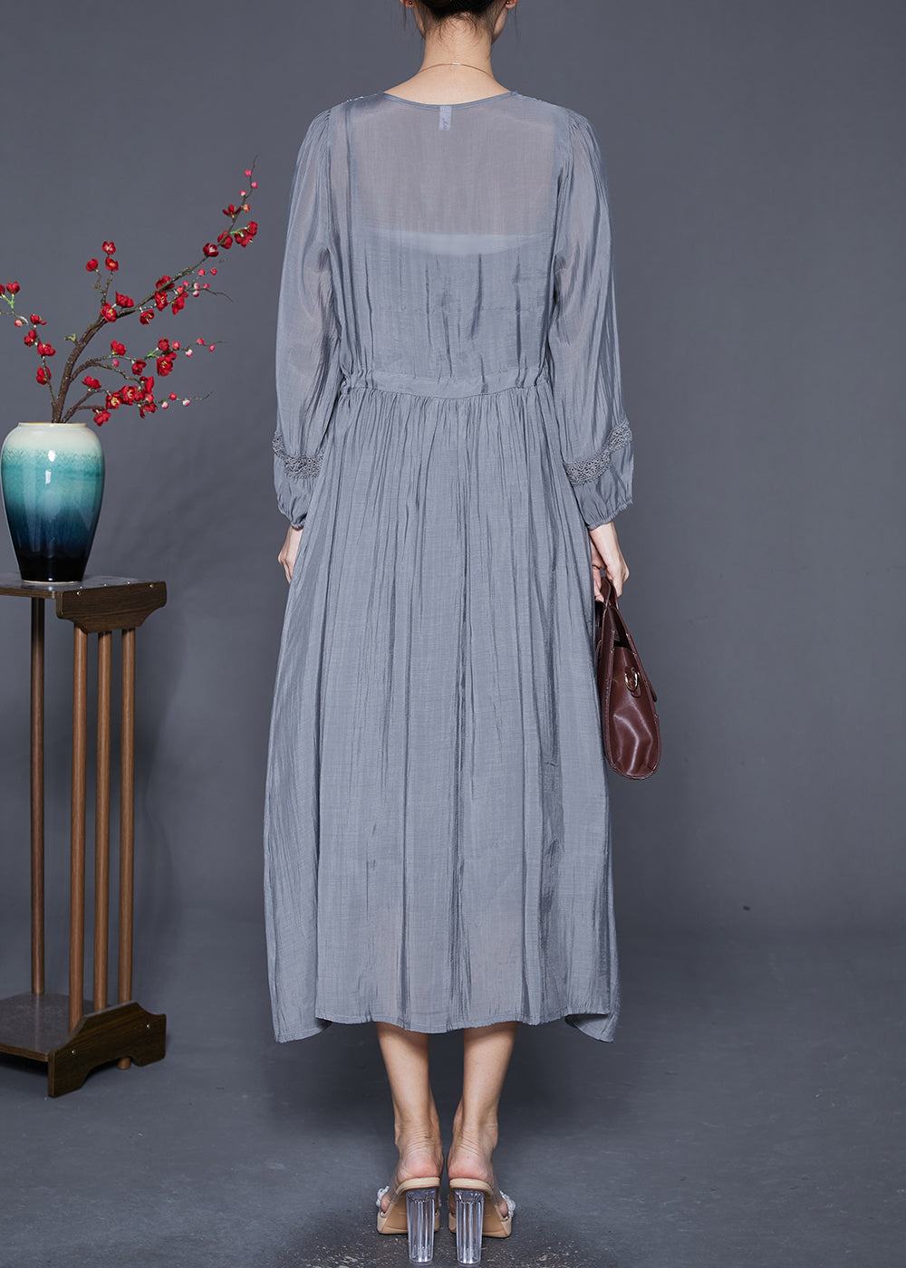Natural Grey Embroideried Cinched Patchwork Cotton Dresses Summer Ada Fashion