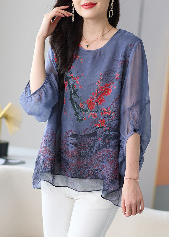 Natural Grey O Neck Print Patchwork Chiffon Shirt Tops Lantern Sleeve TF1054 - fabuloryshop