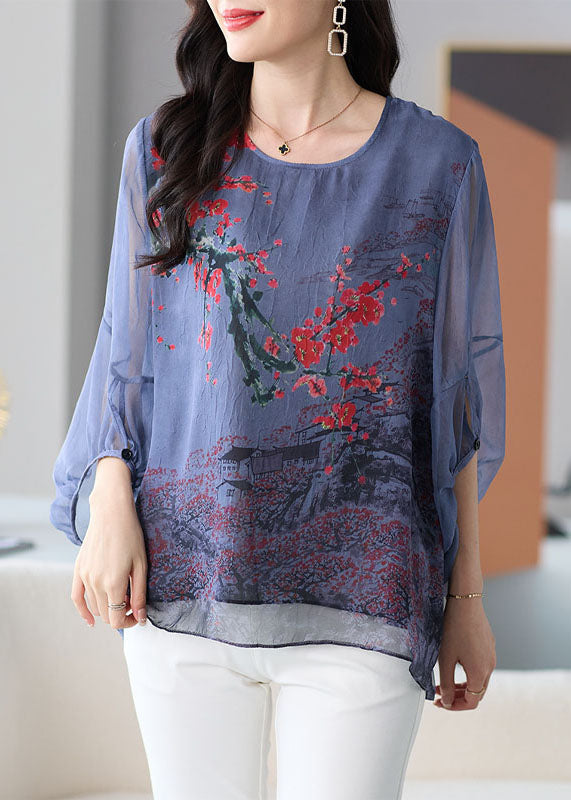 Natural Grey O Neck Print Patchwork Chiffon Shirt Tops Lantern Sleeve TF1054 - fabuloryshop