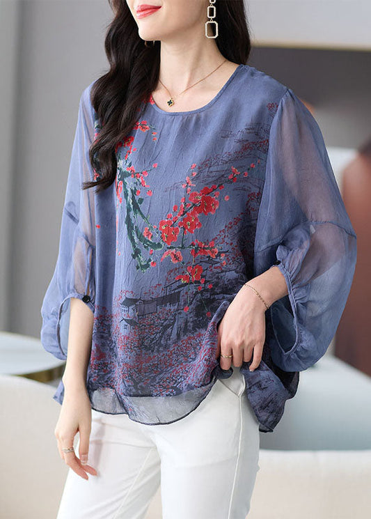Natural Grey O Neck Print Patchwork Chiffon Shirt Tops Lantern Sleeve TF1054 - fabuloryshop
