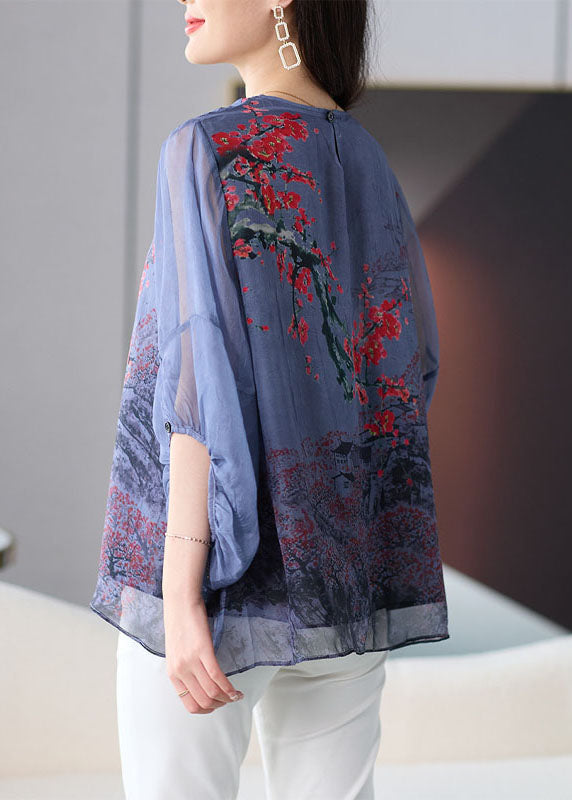 Natural Grey O Neck Print Patchwork Chiffon Shirt Tops Lantern Sleeve TF1054 - fabuloryshop