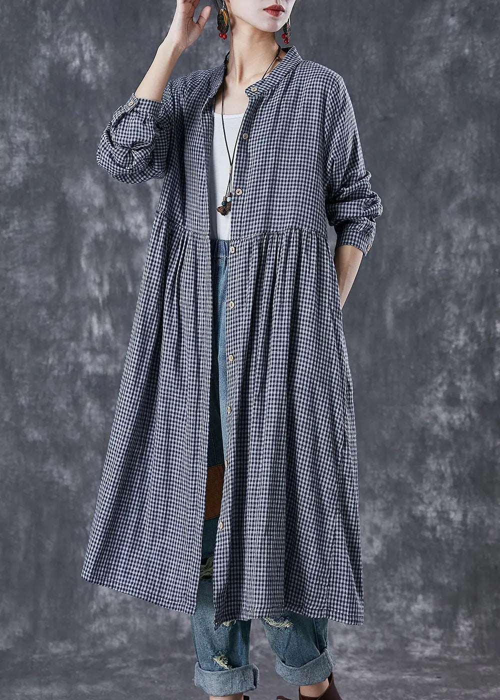 Natural Grey Oversized Plaid Cotton Shirt Dresses Fall Ada Fashion