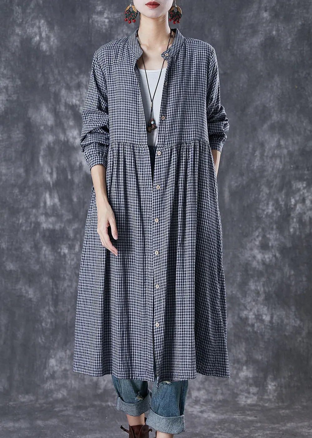 Natural Grey Oversized Plaid Cotton Shirt Dresses Fall Ada Fashion