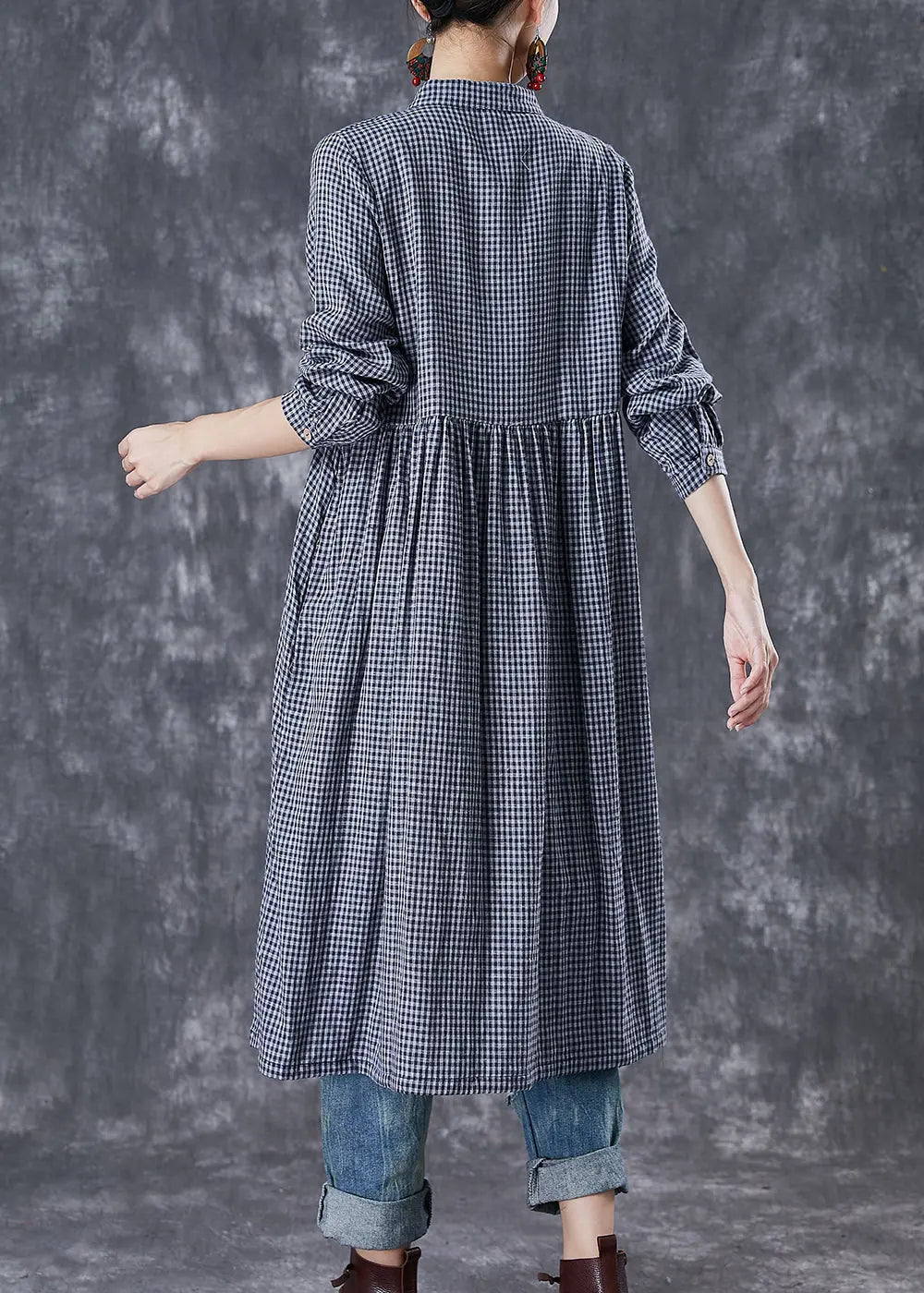 Natural Grey Oversized Plaid Cotton Shirt Dresses Fall Ada Fashion