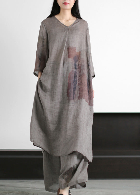 Natural Grey V Neck Side Open Ramie Long Dress And Wide Leg Pants Summer LY5113 - fabuloryshop