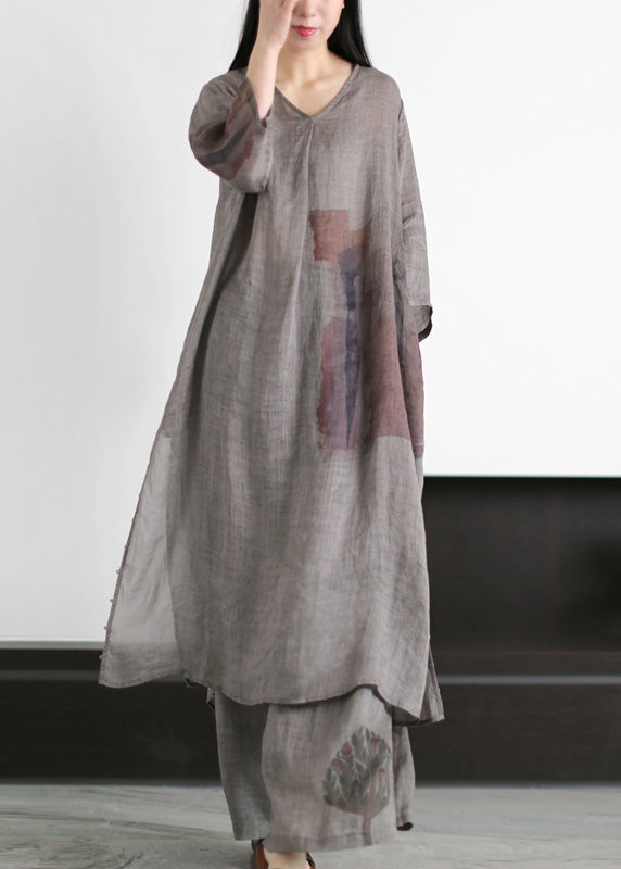 Natural Grey V Neck Side Open Ramie Long Dress And Wide Leg Pants Summer LY5113 - fabuloryshop