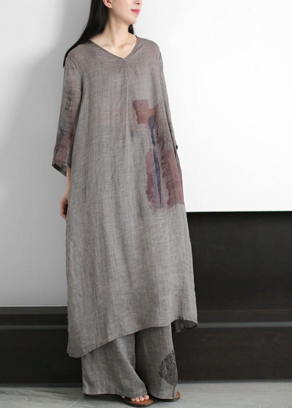 Natural Grey V Neck Side Open Ramie Long Dress And Wide Leg Pants Summer LY5113 - fabuloryshop