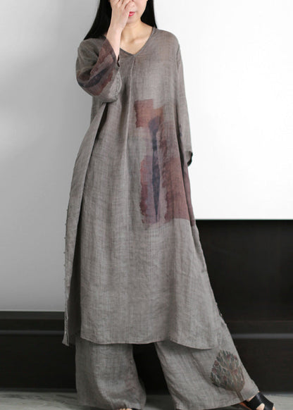 Natural Grey V Neck Side Open Ramie Long Dress And Wide Leg Pants Summer LY5113 - fabuloryshop