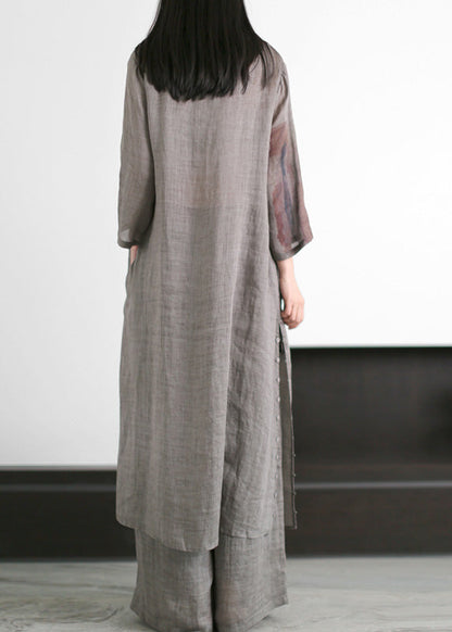 Natural Grey V Neck Side Open Ramie Long Dress And Wide Leg Pants Summer LY5113 - fabuloryshop