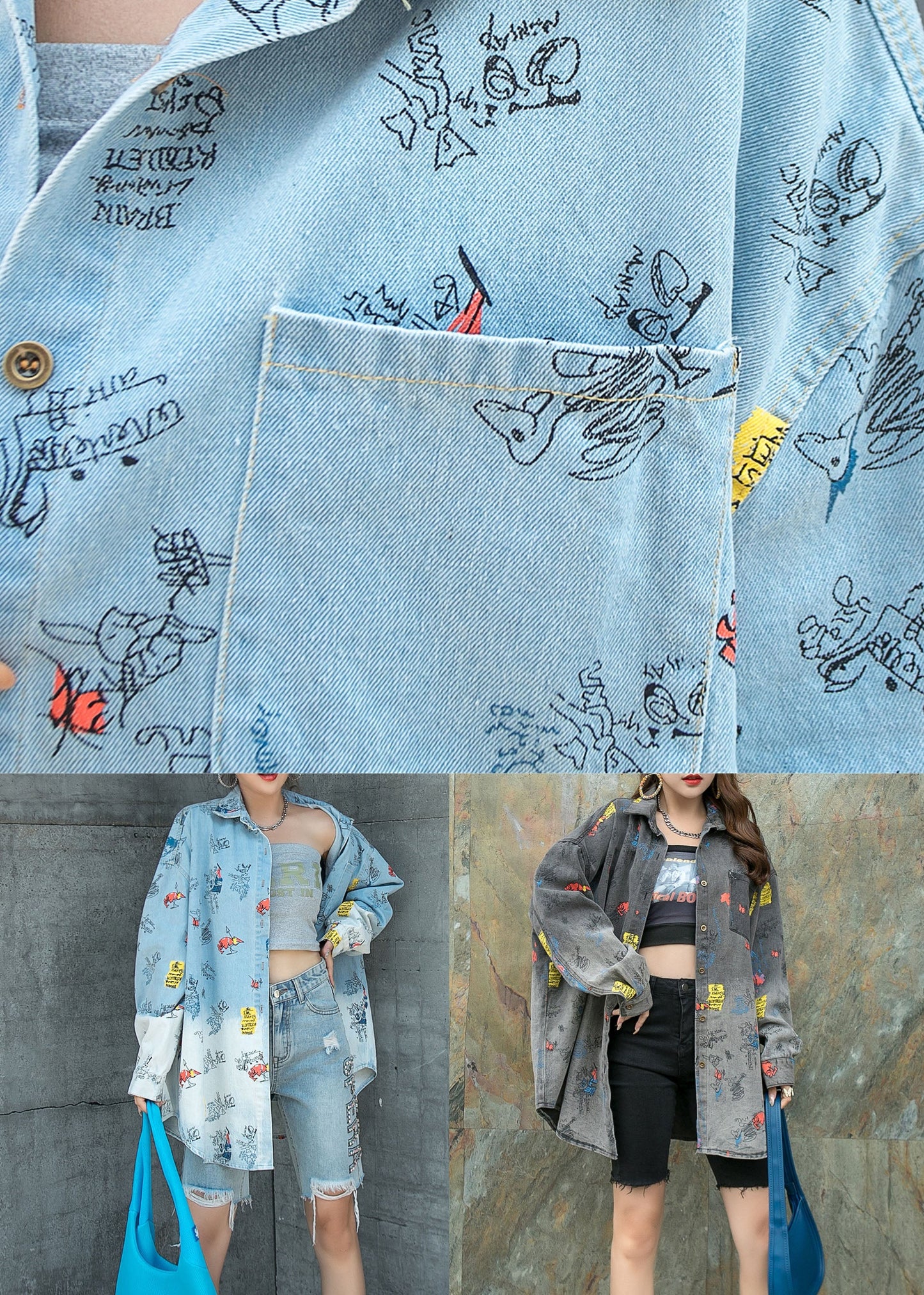 Natural Light Blue Peter Pan Collar Pockets Patchwork Denim Coat Spring LY5258 - fabuloryshop