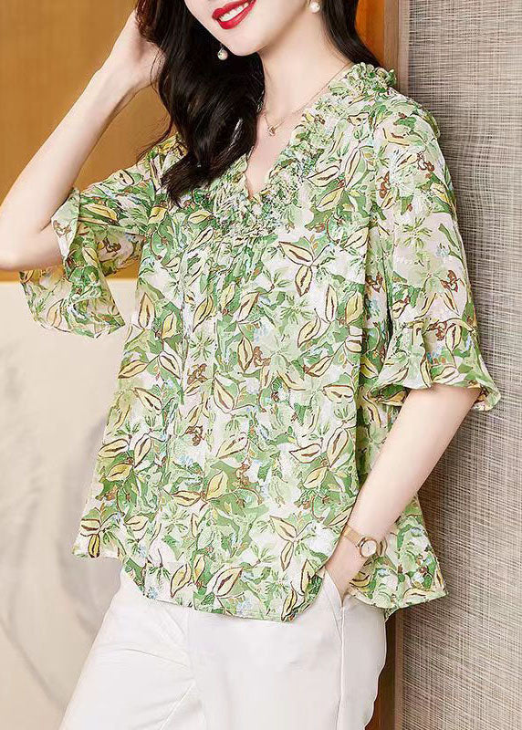 Natural Light Green Ruffled Print Patchwork Chiffon Shirts Top Summer TP1006