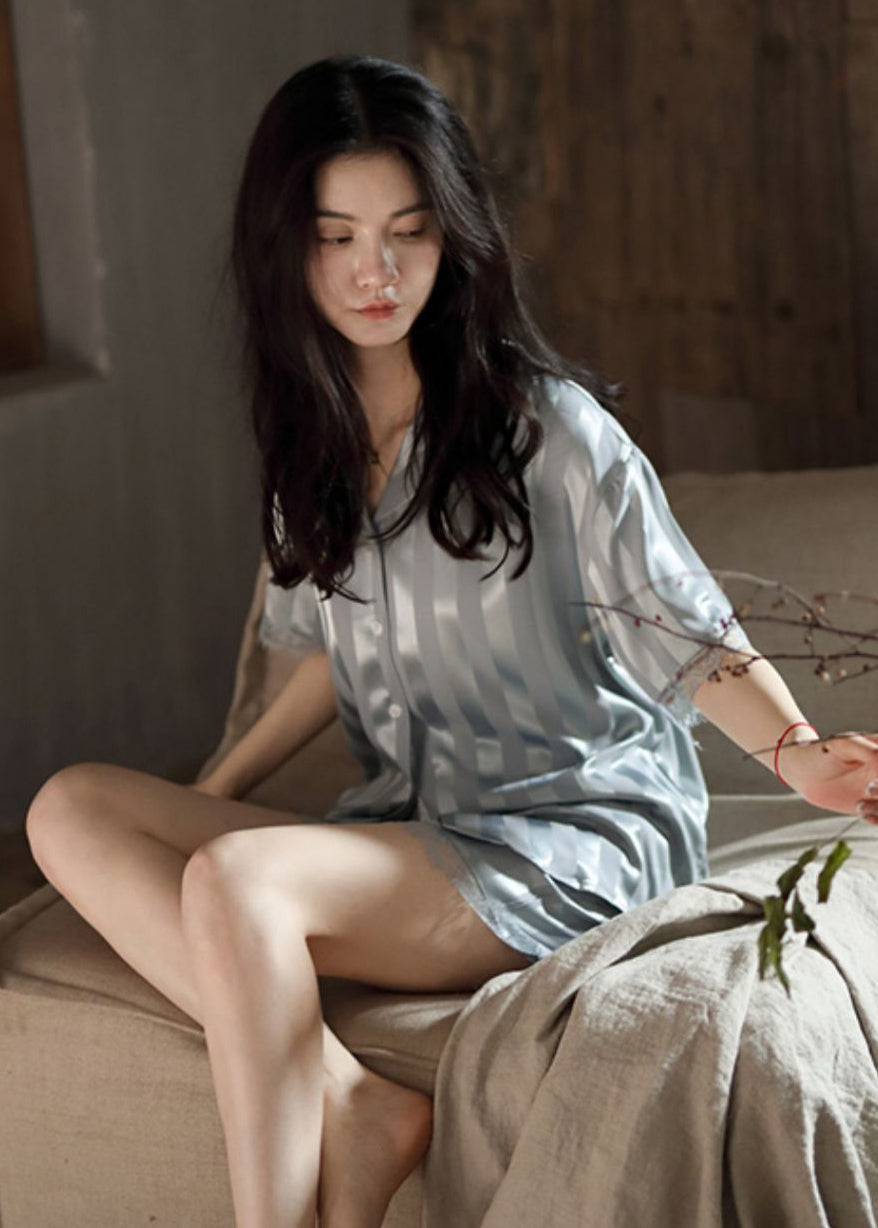 Natural Light Grey Peter Pan Collar Striped Ice Silk Couple Pajamas Two Pieces Set Summer LY2841 - fabuloryshop