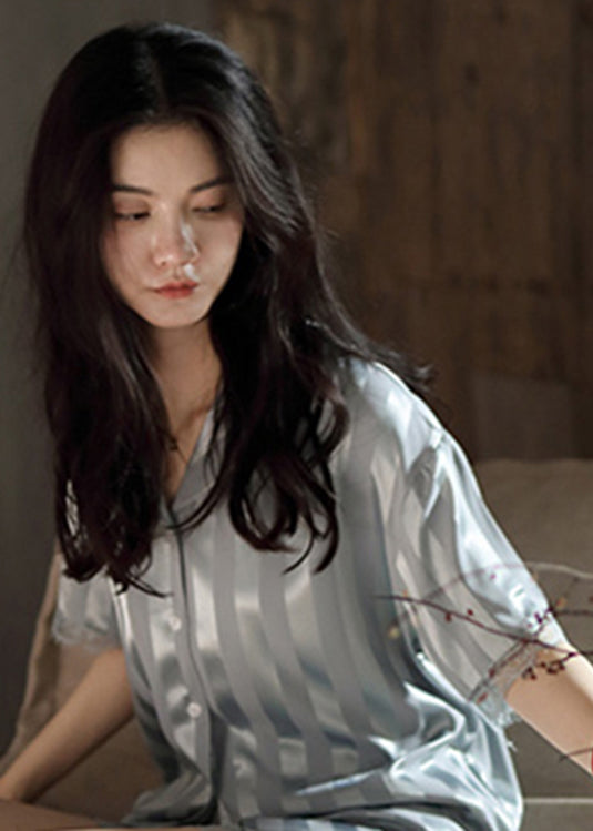 Natural Light Grey Peter Pan Collar Striped Ice Silk Couple Pajamas Two Pieces Set Summer LY2841 - fabuloryshop