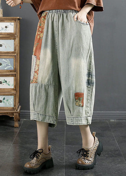 Natural Light Grey Pockets Patchwork Denim Crop Pants Summer LY4549 - fabuloryshop