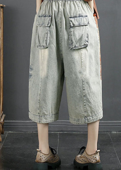 Natural Light Grey Pockets Patchwork Denim Crop Pants Summer LY4549 - fabuloryshop