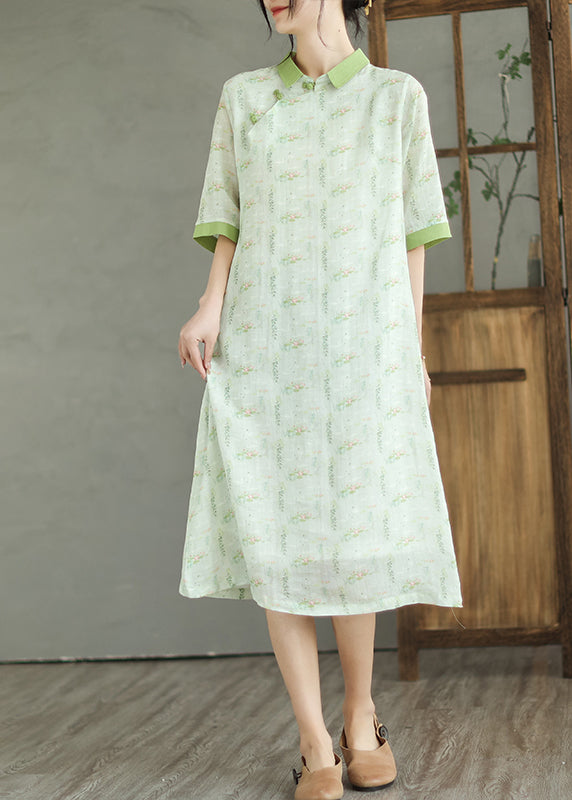 Natural Mint Green Peter Pan Collar Print Linen Dress Half Sleeve Ada Fashion