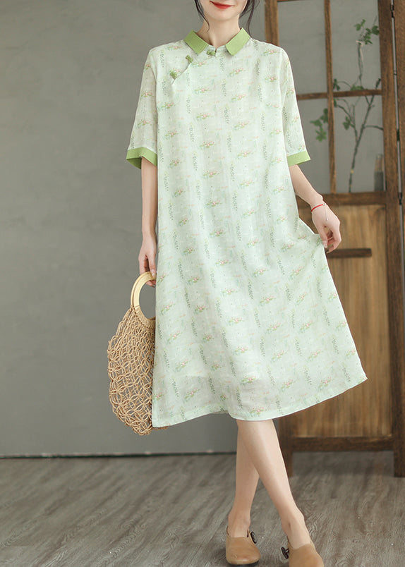 Natural Mint Green Peter Pan Collar Print Linen Dress Half Sleeve Ada Fashion
