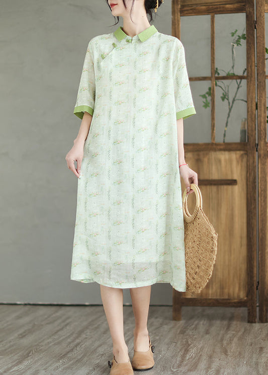 Natural Mint Green Peter Pan Collar Print Linen Dress Half Sleeve Ada Fashion