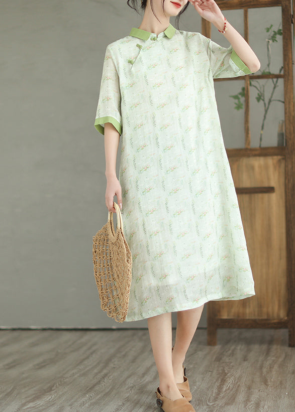 Natural Mint Green Peter Pan Collar Print Linen Dress Half Sleeve Ada Fashion