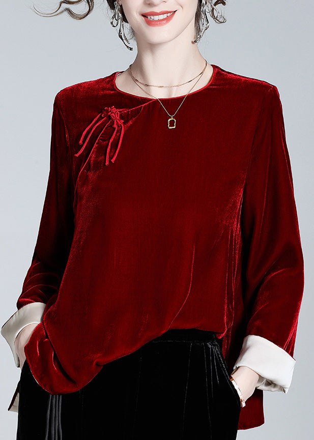 Natural Mulberry O-Neck Side Open Silk Velour Shirts Long Sleeve LY0956 - fabuloryshop