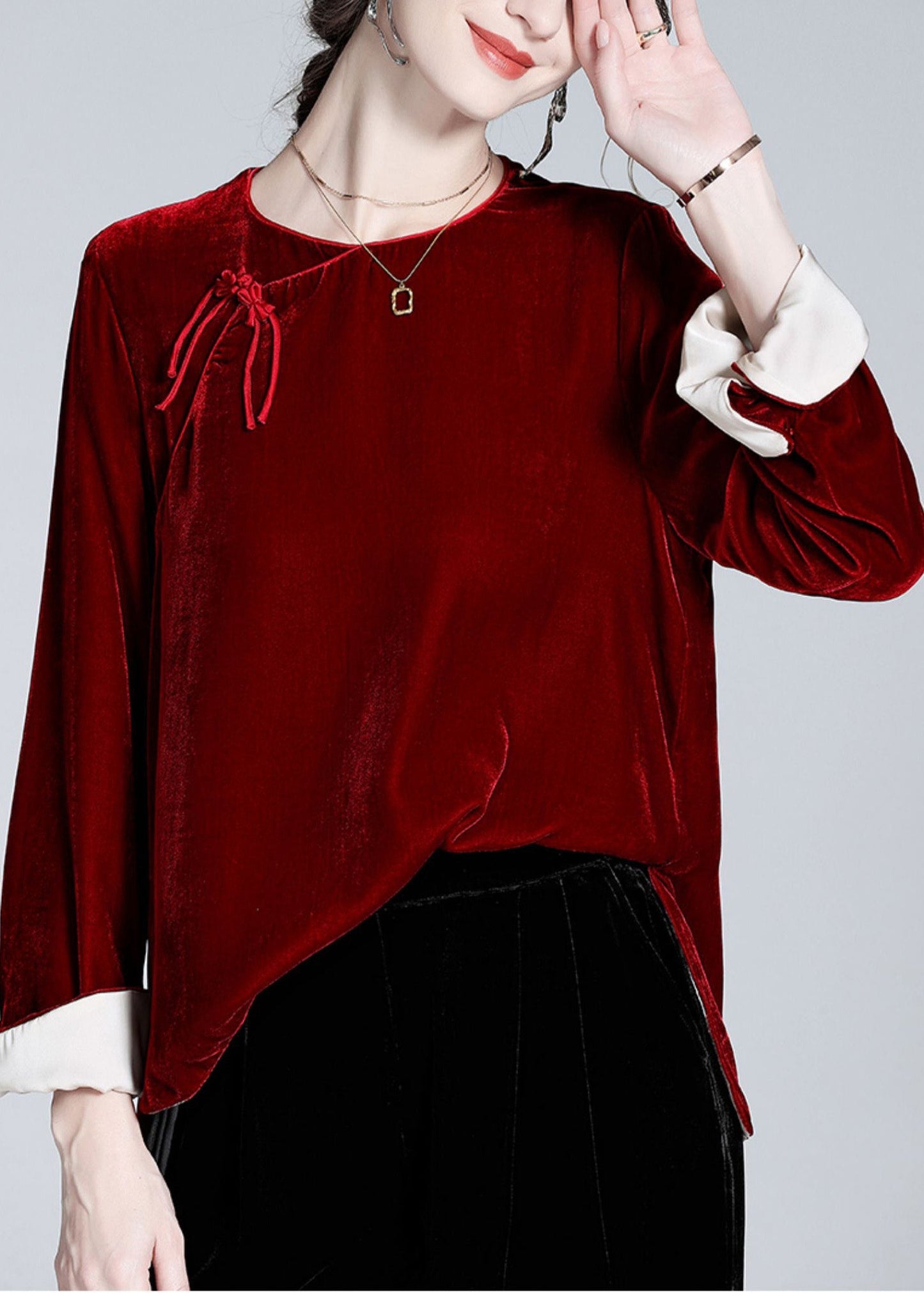 Natural Mulberry O-Neck Side Open Silk Velour Shirts Long Sleeve LY0956 - fabuloryshop