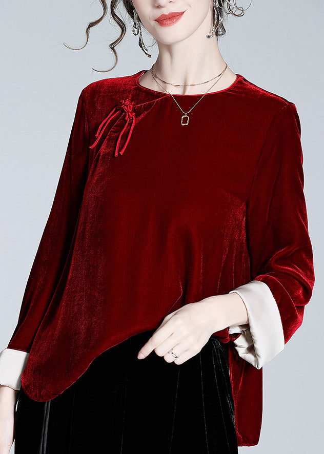 Natural Mulberry O-Neck Side Open Silk Velour Shirts Long Sleeve LY0956 - fabuloryshop