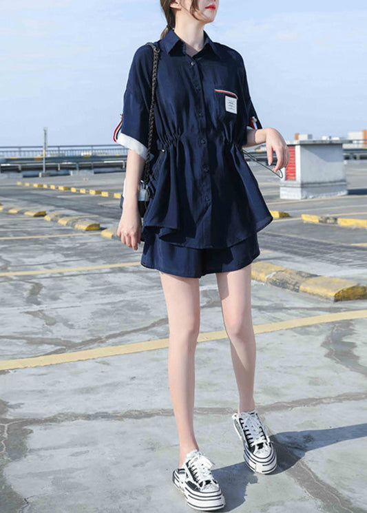 Natural Navy Blue Peter Pan Collar Cotton Shirts And Shorts Two Pieces Set Summer LY6221 - fabuloryshop