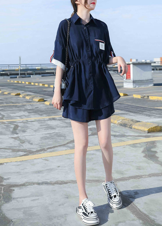 Natural Navy Blue Peter Pan Collar Cotton Shirts And Shorts Two Pieces Set Summer LY6221 - fabuloryshop