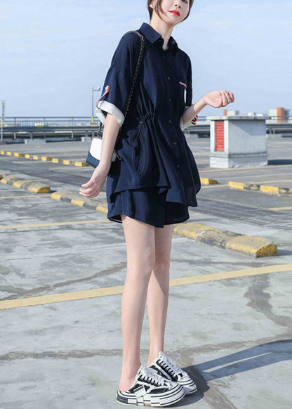 Natural Navy Blue Peter Pan Collar Cotton Shirts And Shorts Two Pieces Set Summer LY6221 - fabuloryshop