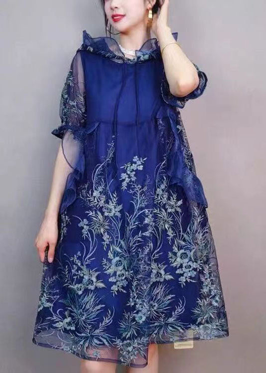 Natural Navy Hooded Ruffled Embroideried Patchwork Tulle Mid Dress Summer LY7377 - fabuloryshop