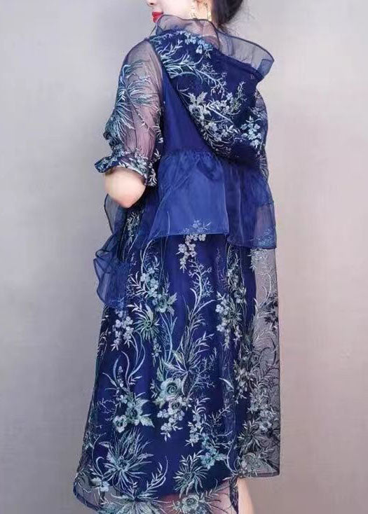 Natural Navy Hooded Ruffled Embroideried Patchwork Tulle Mid Dress Summer LY7377 - fabuloryshop