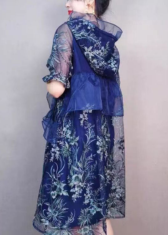 Natural Navy Hooded Ruffled Embroideried Patchwork Tulle Mid Dress Summer LY7377 - fabuloryshop
