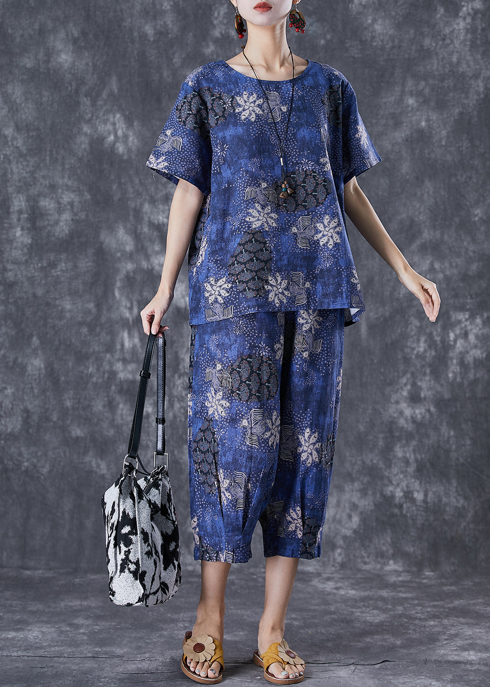 Natural Navy Oversized Print Linen Two Pieces Set Summer TD1011 - fabuloryshop