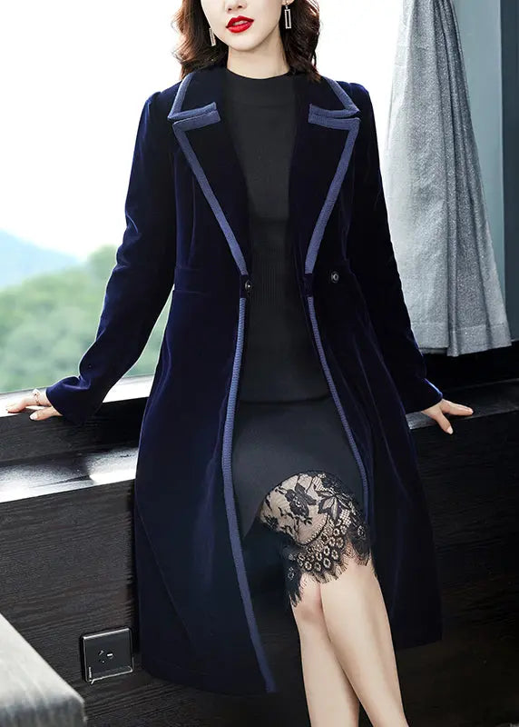 Natural Navy Peter Pan Collar Button Patchwork Velour Trench Coat Fall Ada Fashion