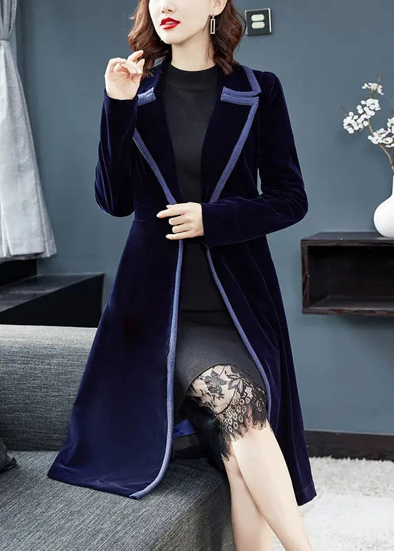 Natural Navy Peter Pan Collar Button Patchwork Velour Trench Coat Fall Ada Fashion