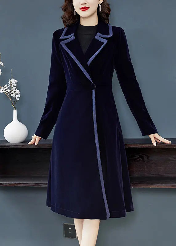 Natural Navy Peter Pan Collar Button Patchwork Velour Trench Coat Fall Ada Fashion