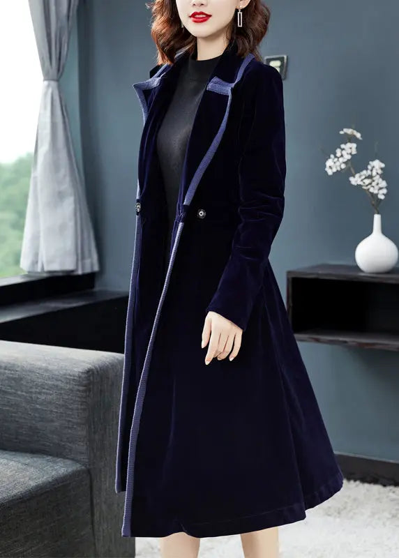 Natural Navy Peter Pan Collar Button Patchwork Velour Trench Coat Fall Ada Fashion