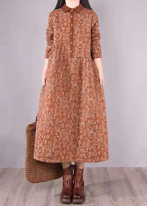 Natural Orange Print Patchwork Fine Cotton Filled Dresses Winter Ada Fashion