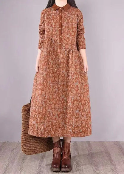 Natural Orange Print Patchwork Fine Cotton Filled Dresses Winter Ada Fashion