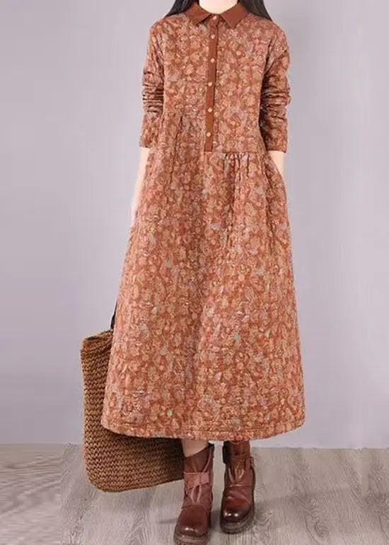 Natural Orange Print Patchwork Fine Cotton Filled Dresses Winter Ada Fashion