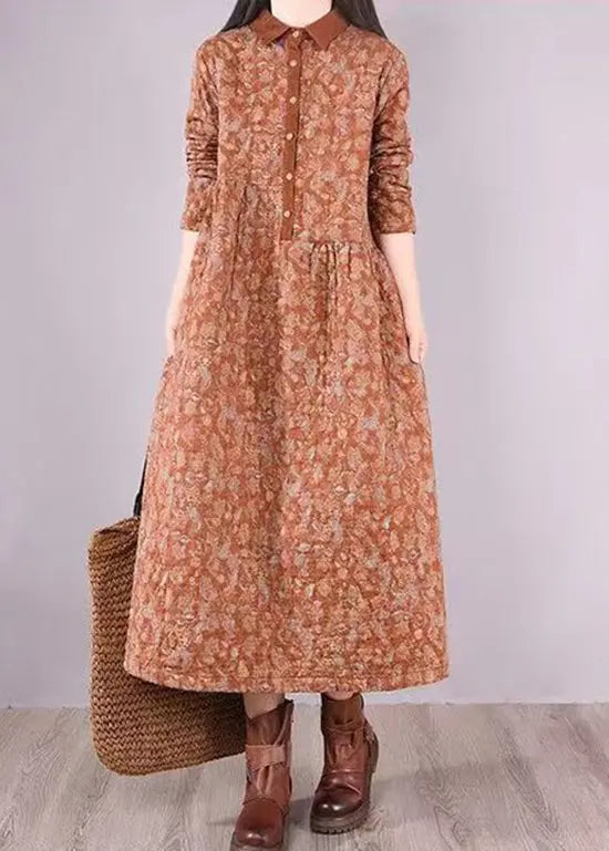 Natural Orange Print Patchwork Fine Cotton Filled Dresses Winter Ada Fashion