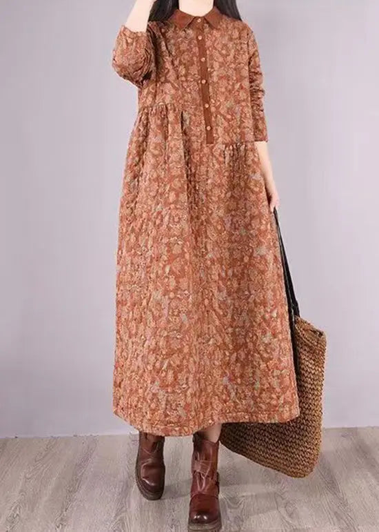 Natural Orange Print Patchwork Fine Cotton Filled Dresses Winter Ada Fashion