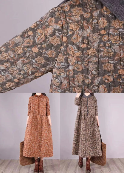 Natural Orange Print Patchwork Fine Cotton Filled Dresses Winter Ada Fashion