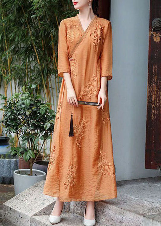 Natural Orange V Neck Embroideried Patchwork Silk Dress Summer LY1679 - fabuloryshop