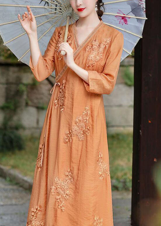 Natural Orange V Neck Embroideried Patchwork Silk Dress Summer LY1679 - fabuloryshop